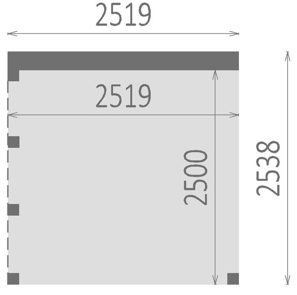 Technische Zeichnung mit Maßangaben: horizontale Gesamtbreite 2519, Innenbreite 2519, vertikale Gesamthöhe 2538 und Innenhöhe 2500.