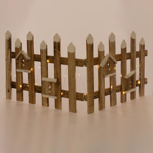 ECD Germany Deko Holz Zaun mit LED in natur, 98 x 39 cm, inkl. Vogelhäuschen, batteriebetrieben, mit Timer, Mini Gartenzaun beleuchtet Mini-Lattenzaun Weihnachtsbaum-Zaun Weinachtsdeko Winter Gatter