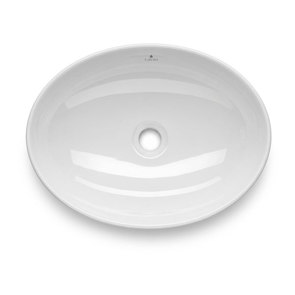 Ovales weißes Aufsatzwaschbecken aus Keramik in der Draufsicht mit Lavio Logo.