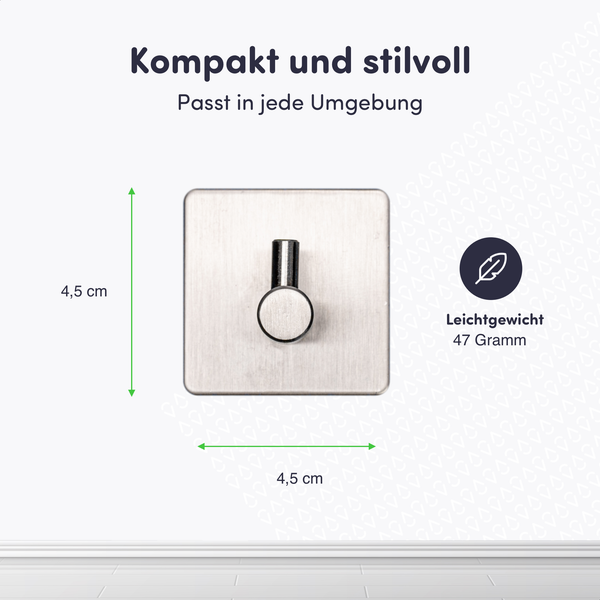 Quadratischer Wandhaken aus gebürstetem Edelstahl mit den Abmessungen 4,5 mal 4,5 Zentimeter und einem Gewicht von 47 Gramm.