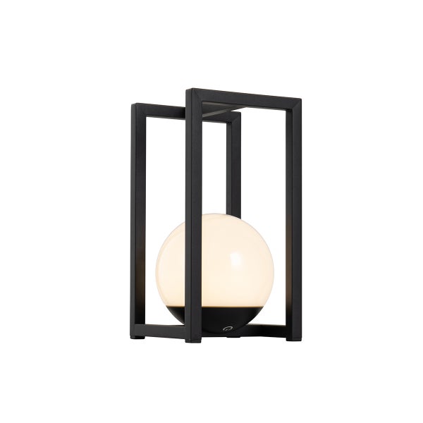 Moderne Tischleuchte mit schwarzem rechteckigem Metallrahmen und einer weißen Kugelleuchte.