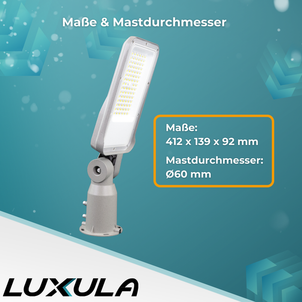 LED-Straßenlaterne mit den Maßen 412 x 139 x 92 mm und einem Mastdurchmesser von 60 mm