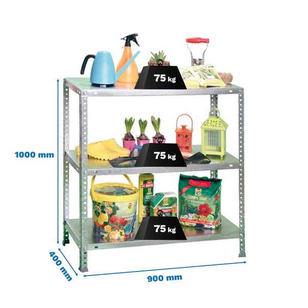 Verzinktes Metallregal mit drei Böden, Belastbarkeit 75 Kilogramm pro Boden, Maße 1000 mal 900 mal 400 Millimeter, bestückt mit Gartenzubehör.