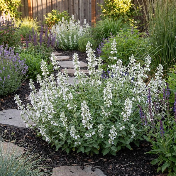 Weiß blühende Katzenminze in einem bepflanzten Gartenbeet mit Trittsteinpfad und dunklem Mulch.