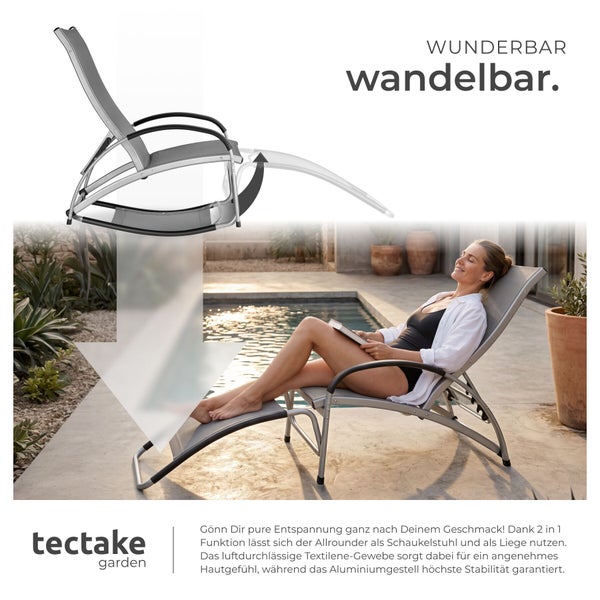 Verstellbare zwei in eins Gartenliege und Schaukelstuhl aus Aluminium und Textilene mit einer Person am Pool. tectake garden Logo.