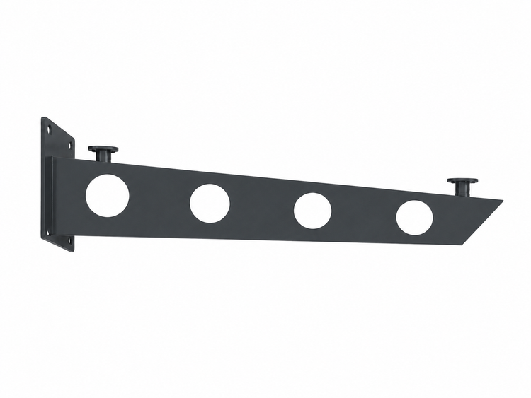 Schwarze Regalkonsole aus Metall mit vier runden Aussparungen und zwei Auflagepunkten für die Wandmontage.
