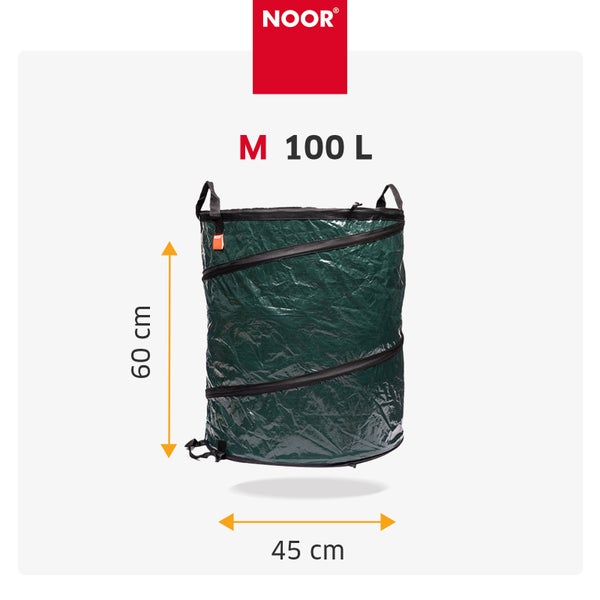 Noor Gartensack mit 100 Liter Volumen, 60 Zentimeter Höhe und 45 Zentimeter Durchmesser, aus robustem Kunststoffmaterial.