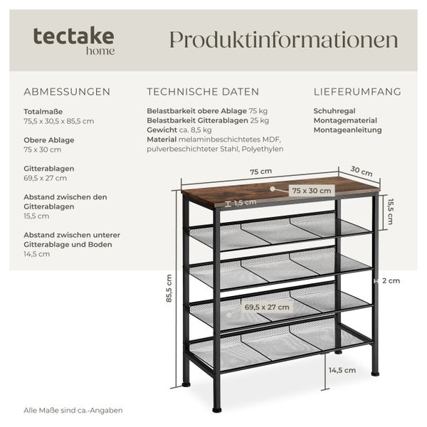 Produktinformationen zum Schuhregal mit Maßen, technischen Daten und Lieferumfang