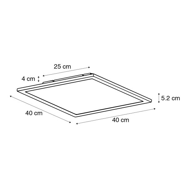 Technische Zeichnung einer rechteckigen Deckenleuchte mit den Maßen 40 mal 40 cm, 25 cm breit und 5,2 cm hoch.
