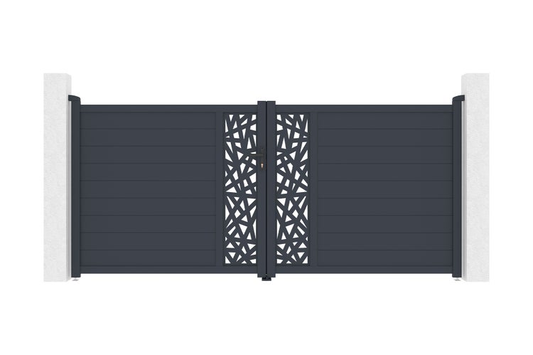 Zweiflügeliges Einfahrtstor aus Aluminium mit horizontalen Lamellen und dekorativem Lochmuster in der Mitte zwischen zwei Pfosten.