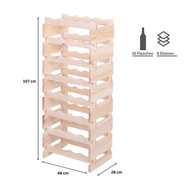 Weinregal VINOTECA FLEX PRO HxBxT 107x46x28cm 32 Flaschen auf 8 Ebenen Massives Kiefernholz Natur unbehandelt