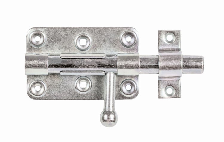 Ein verzinkter Bolzenriegel für Türen und Tore aus Metall.