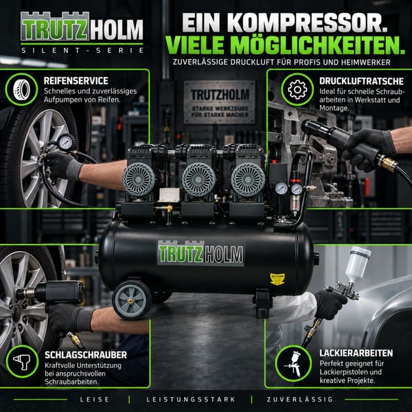 Trutzholm Silent Kompressor Anwendungsmöglichkeiten mit Reifenservice Druckluftratsche Schlagschrauber und Lackierpistole