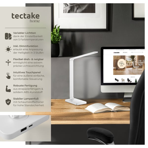 tectake Novaly Schreibtischlampe Novaly, LED, dimmbar, klappbar, 5W inklusive USB-Anschluss weiß