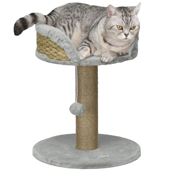 PawHut Kratzbaum klein, 49 cm Katzenbaum, Katzenkratzbaum mit Spielball, Liegefläche, Kletterbaum für Katzen bis 4 kg, Katzenmöbel, Jute Grau