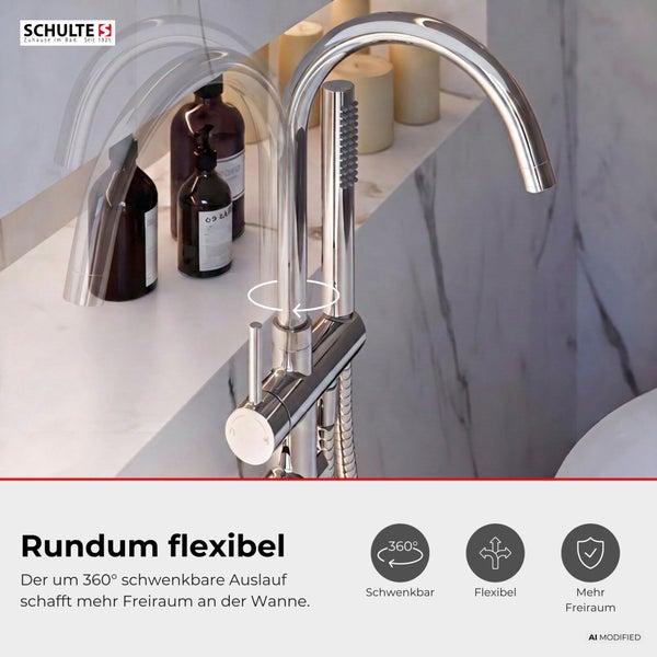 Schulte Logo und Wannenarmatur mit 360 Grad schwenkbarem Auslauf für mehr Flexibilität und Freiraum am Badewannenrand.