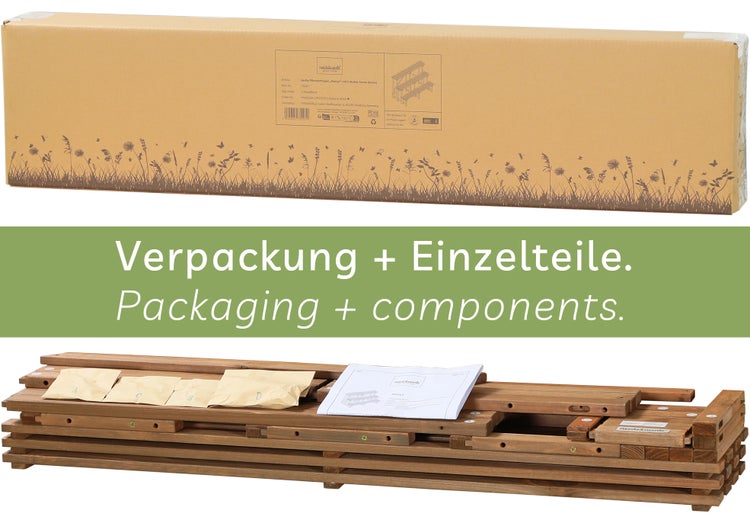 Verpackung und Einzelteile einer Pflanzentreppe aus Holz inklusive Montageanleitung und Kleinteilen.