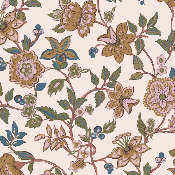 Tapete mit floralem Muster, Vintage-Blumen, Blättern und Zweigen.