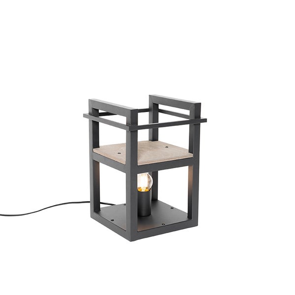 Moderne Tischleuchte im industriellen Design aus Metall mit Holzelement und offener Rahmenkonstruktion.