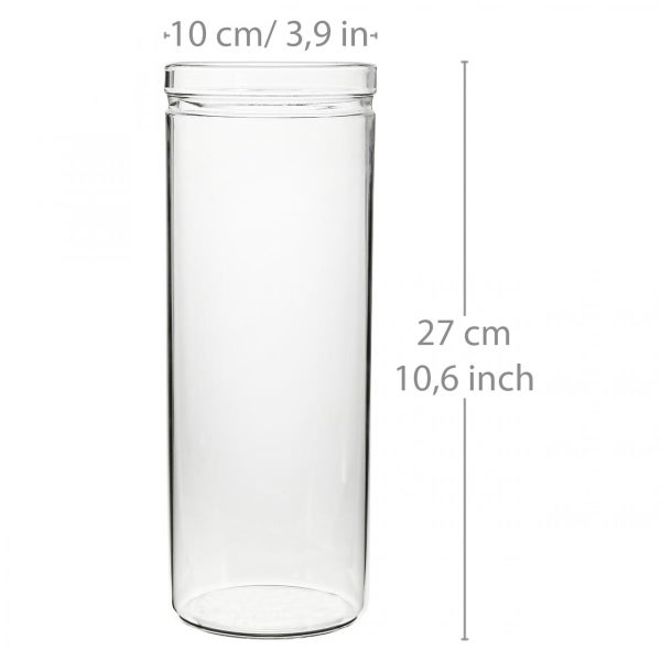 Zylindrische Glasvase mit einem Durchmesser von 10 Zentimetern und einer Höhe von 27 Zentimetern.