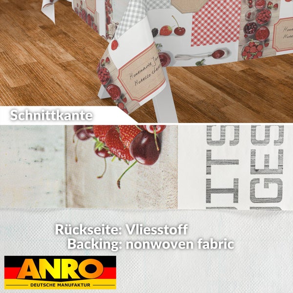 Wachstuch Tischdecke mit Beeren-Motiv, Schnittkante und Vlies-Rückseite. ANRO Deutsche Manufaktur Logo.