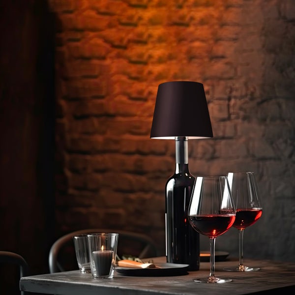 LED Lampe Tischlampe und Flaschenlampe, Farbe Schwarz, kabellos, dimmbar, aufladbar USB, zum Aufstecken auf Flaschen für zu Hause, Restaurants, Hotels, Bars