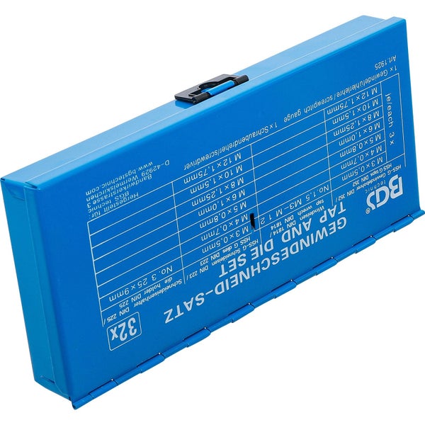 Gewindeschneidsatz im blauen Koffer mit Größenangaben