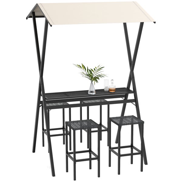 Outsunny Gartenbar-Set, Rattan Bartisch mit 4 Barhockern, Stehtisch mit Dach, Sitzgruppe mit Fußstütze, Stahl, Schwarz