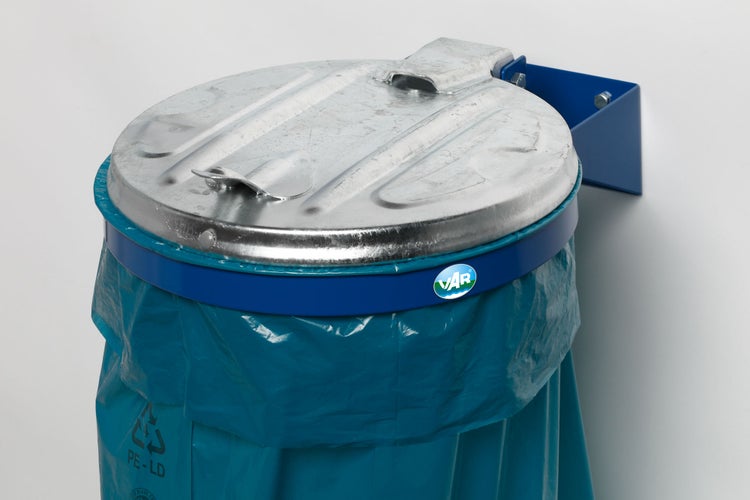 PROREGAL Robuster Einzel Abfallsammler Mit Metall Deckel Wandhalterung 35 cm Einwurföffnung B x T 50 x 48 cm Stahl Blau Verzinkt