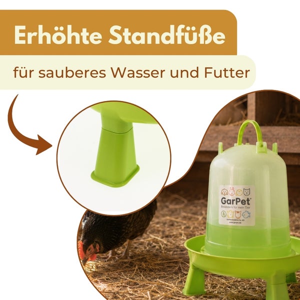 Geflügeltränke aus Kunststoff mit erhöhten Standfüßen für sauberes Wasser und Futter. GarPet Logo.