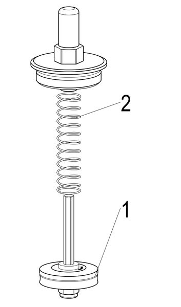 Technische Zeichnung einer Ventilbaugruppe mit Feder Nummer zwei und Kolben Nummer eins.