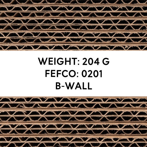 Detailansicht einer B-Welle Wellpappe mit einem Gewicht von 204 Gramm und FEFCO 0201 Spezifikation.