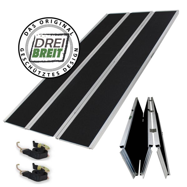 Dreiteilige Rollstuhlrampe aus Aluminium mit Spanngurten