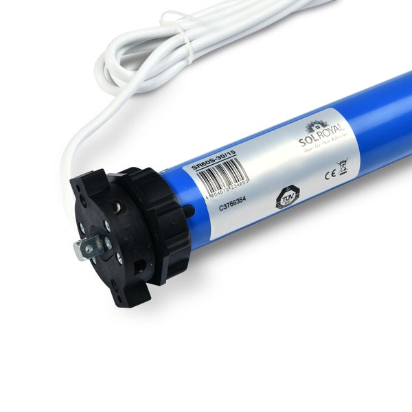 Blauer SolRoyal Rollladenmotor SR60S-30/15 mit SolRoyal Logo, weißem Kabel, TÜV SÜD geprüft und CE-Kennzeichnung.