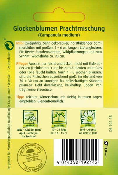 Rückseite einer Samentüte für Glockenblumen Prachtmischung Campanula medium mit Aussaat- und Pflegehinweisen sowie Piktogrammen für Gartenarbeit.