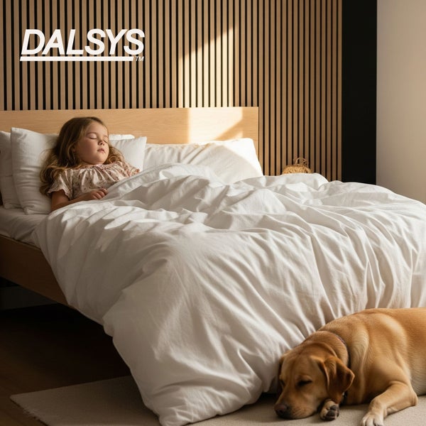 DALSYS Logo. Schlafzimmer mit Wand aus vertikalen Holzlamellen, schlafendes Kind im Bett und Hund auf dem Boden, helle Atmosphäre.