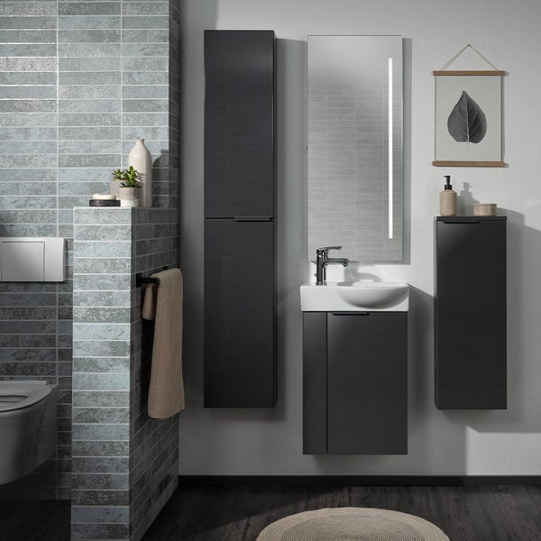 Fackelmann LUNA Gäste-WC Set 2 Teile – Waschtischunterschrank in Anthrazit mit Waschbecken aus Keramik – SBC Waschbeckenunterschrank schmal – Türanschlag rechts – Hahnloch links – 45 cm breit