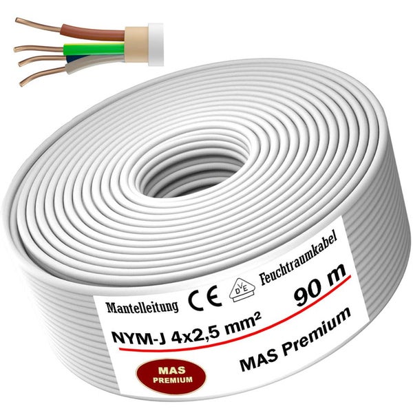 Mantelleitung NYM-J 4x2,5 Quadratmillimeter, Feuchtraumkabel, 90 Meter, MAS Premium, europäische Konformität, VDE-geprüft.