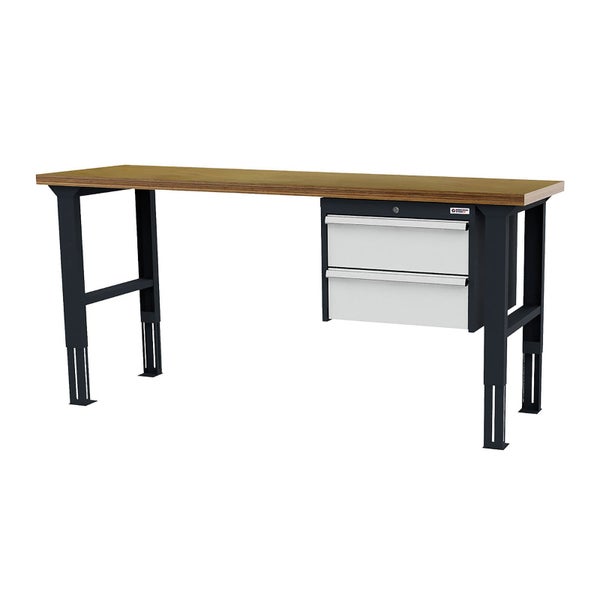 Werkbank mit brauner Holzarbeitsplatte, schwarzem Metallgestell und zwei grauen Schubladen, höhenverstellbar.