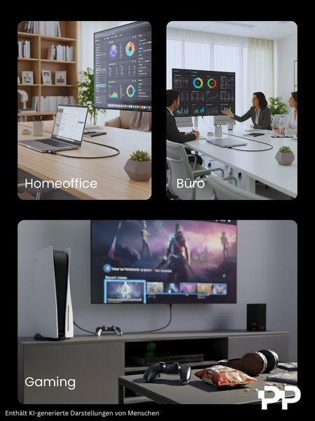 Drei Anwendungsszenarien für ein Verbindungskabel: Homeoffice mit Laptop und Monitor, Büro-Meeting mit Bildschirm sowie ein Gaming-Setup mit Konsole.
