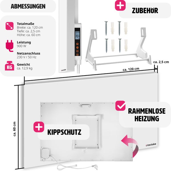 tectake Infrarotheizung mit Zubehör, Abmessungen, Leistung, Netzanschluss und Gewicht.