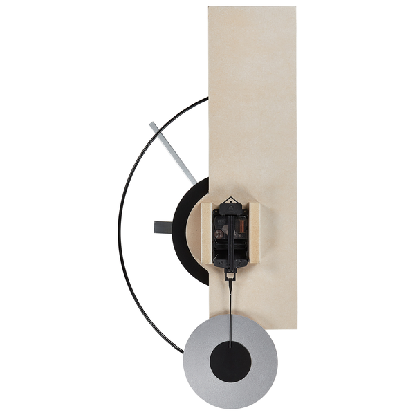 Moderne Wanduhr in der Rückansicht mit sichtbarem Uhrwerk, einem Pendel und einem rechteckigen Paneel aus Holz.
