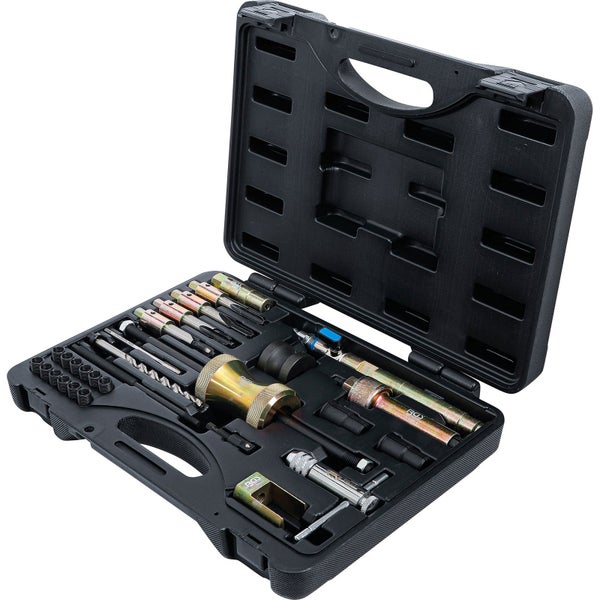 Werkzeugsatz in schwarzem Kunststoffkoffer, bestehend aus verschiedenen Werkzeugen wie Bohrern, Gewindebohrern und Ausziehern