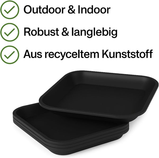 Schwarze quadratische Untersetzer aus recyceltem Kunststoff für den Innen- und Außenbereich, robust und langlebig.