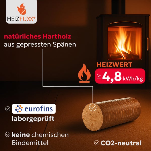 Heizfuxx Holzbriketts aus gepresstem Hartholz mit einem Heizwert von mindestens 4,8 Kilowattstunden pro Kilogramm und Eurofins Zertifizierung