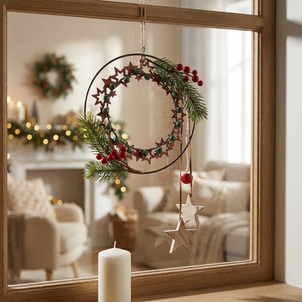 Weihnachtskranz aus Metall mit Sternen, Tannenzweigen und Beeren als Fensterdekoration in einem Wohnzimmer.