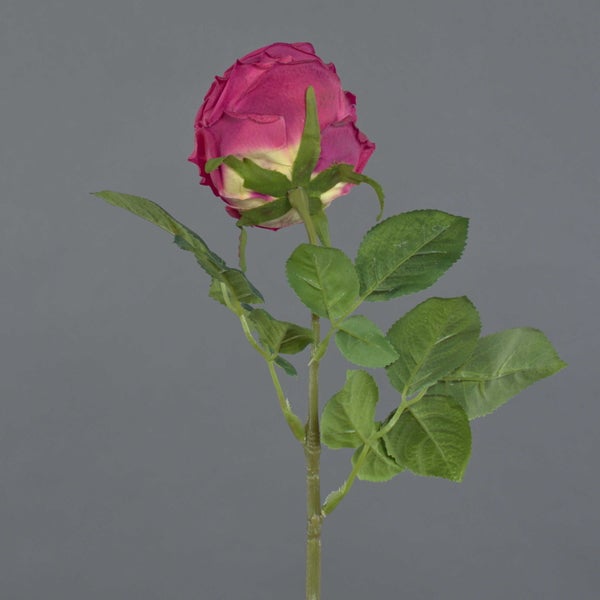 Künstlicher Rosenzweig mit einer pinkfarbenen Blüte und grünen Blättern für die Dekoration.