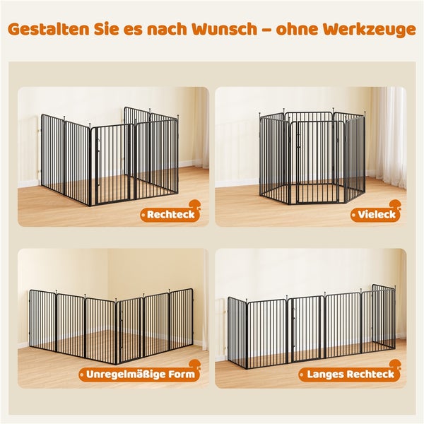 Mehrfachansicht eines flexiblen, schwarzen Laufgitters, das in verschiedenen Formen wie Rechteck, Vieleck, unregelmäßige Form und langes Rechteck aufgebaut ist.