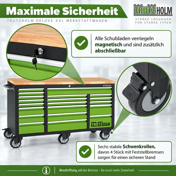 Trutzholm Deluxe XXL Werkstattwagen mit Holzplatte, magnetisch schließenden Schubladen und 6 Lenkrollen mit Feststellbremsen.