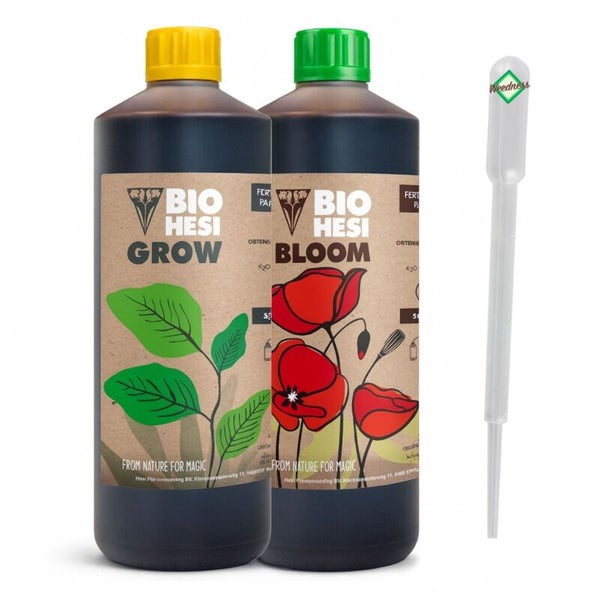 Bio Hesi Grow und Bloom Flüssigdünger Set mit Pipette für Pflanzenwachstum und Blüte.